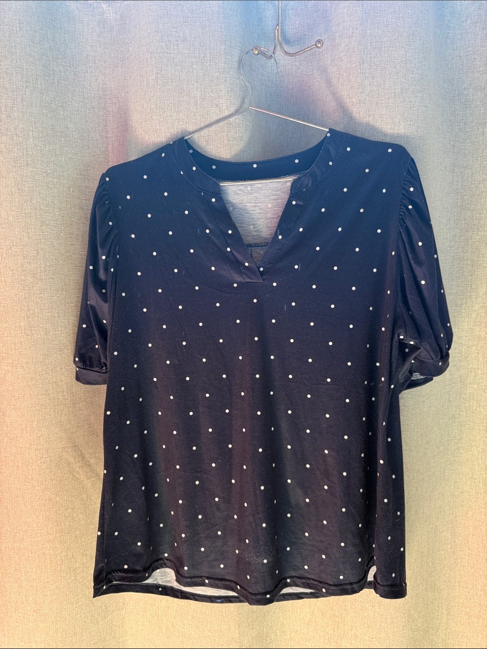 Navy Polka Dot Short Sleeve V-Neck Top